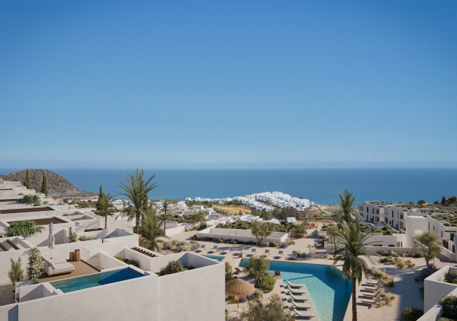 Nieuwbouwproject in Mojacar met nieuwbouwappartementen, dicht bij het strand, sommige met uitzicht op zee en de golfbaan, Costa Del Sol, Almería, Spanje.