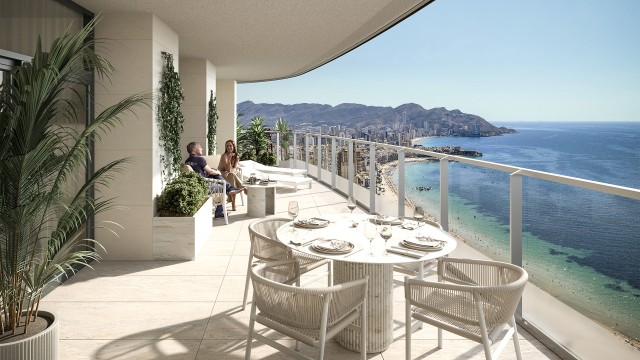 Exclusieve appartementen op 150 meter van het Poniente-strand met spectaculair zeezicht, Benidorm, Costa Blanca Noord, Alicante, Spanje.