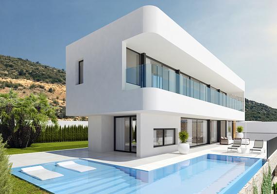Luxe vrijstaande villa met Middelandse zeezicht en infinity zwembad in Finestrat, Costa Blanca Noord, Spanje te koop.