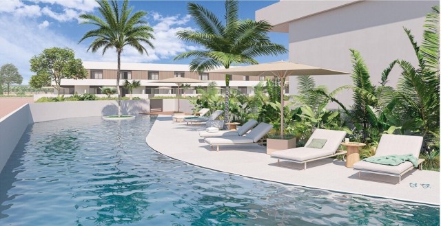 Nieuw wooncomplex met bungalows in Pilar De La Horadada, bovenverdieping met solarium en benedenverdieping met privétuin, Costa Blanca Zuid, Alicante, Spanje.