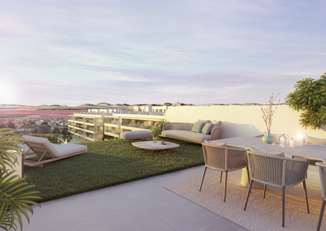 PENTHOUSE WITH BALCONY AND ROOFTERRACE. Exclusief wooncomplex met moderne appartementen in La Hoya, Torrevieja: eigentijdse architectuur, ruime gemeenschappelijke ruimtes, eersteklas voorzieningen en een bevoorrechte ligging tussen de zoutpannen en de stranden van de Middellandse Zee, Costa Blanca Zuid, Alicante.